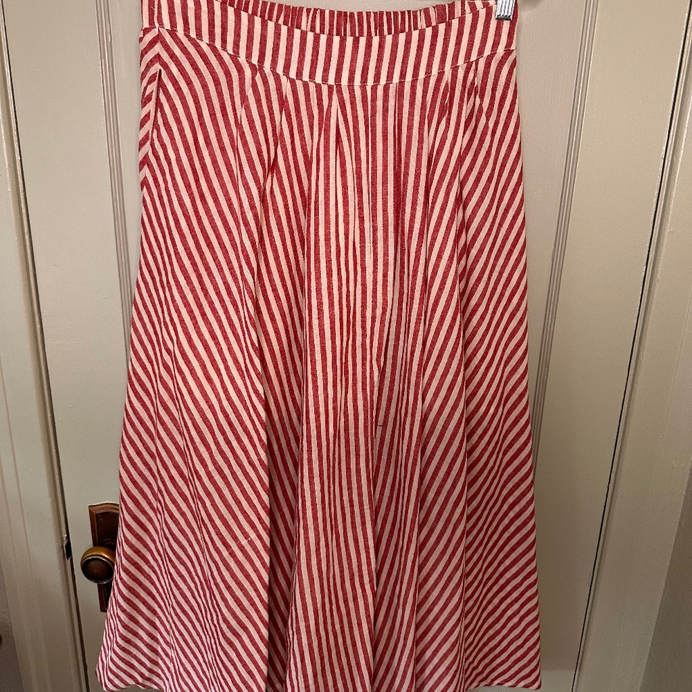 Red and White Striped lined linen round skirt size medium